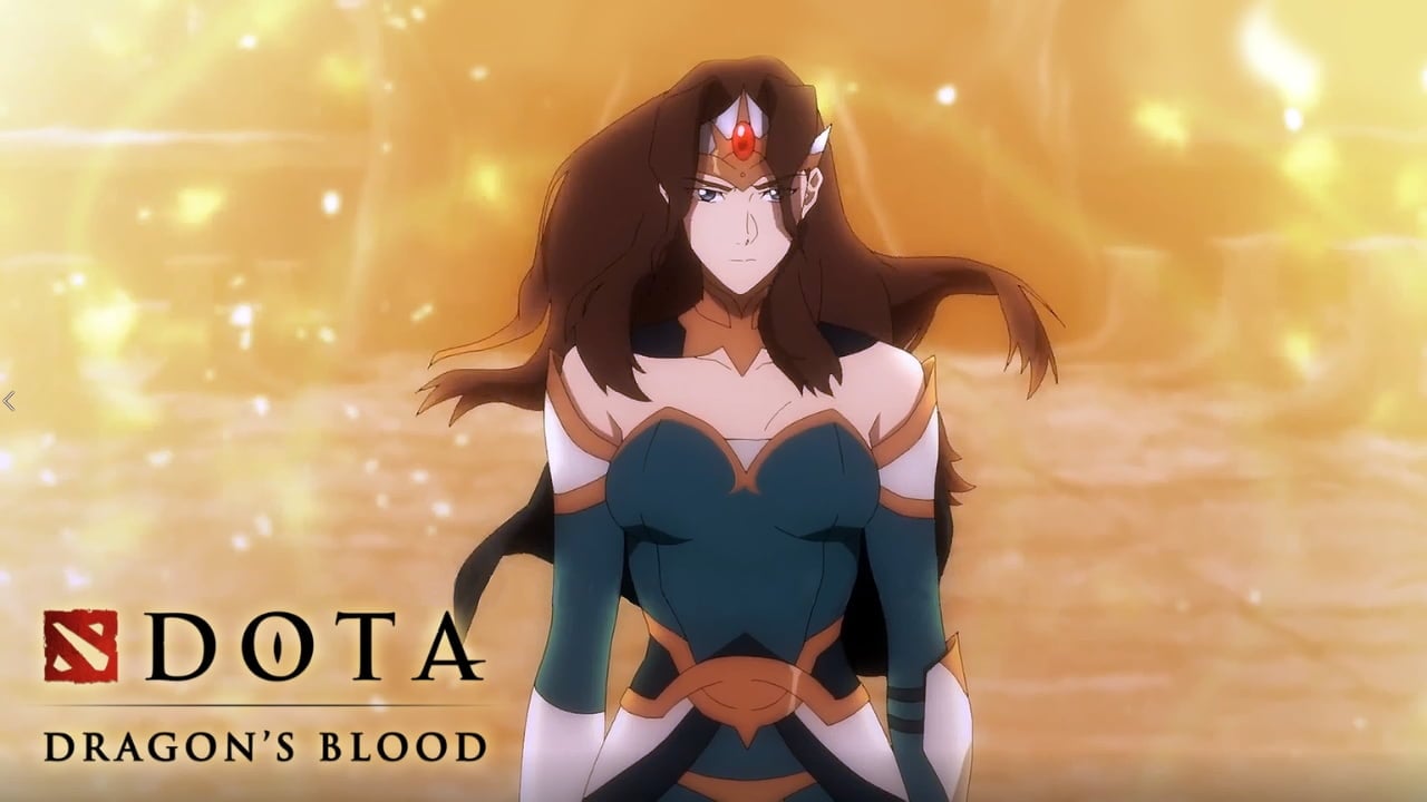 A screengrab turned promo image for DOTA Dragon's Blood featuring a female character front and center.