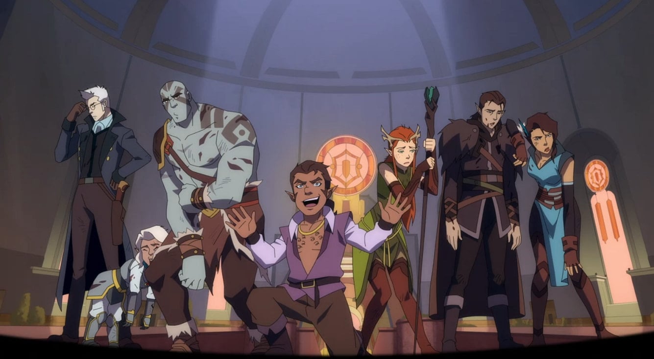 An ensemble shot of many characters looking exhausted in The Legend of Vox Machina