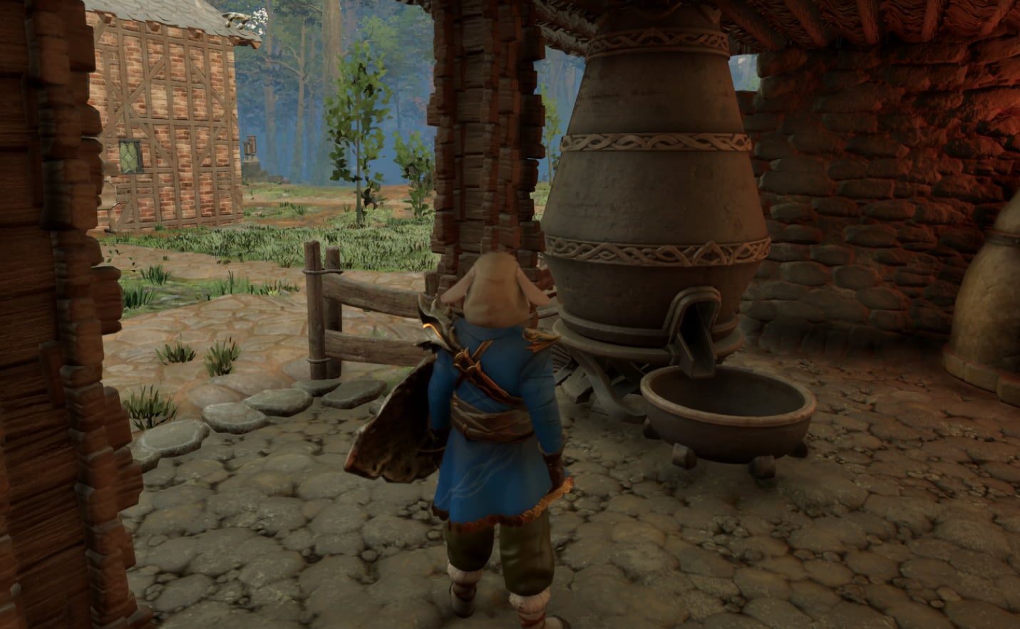 A character wearing a sheep hat from Enshrouded srands in front of a Blast Furnace, showing readers what machine is needed to make Steel Bars.