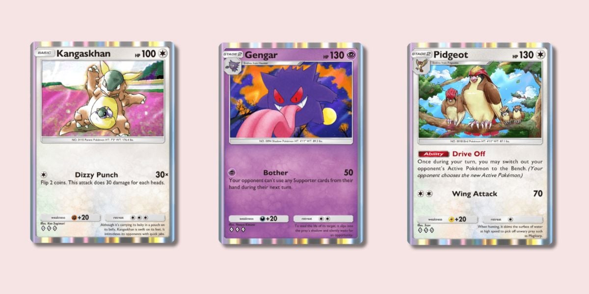 Kangaskhan, Gengar, and Pidgeot Pokémon cards from Pokémon TCG Pocket.