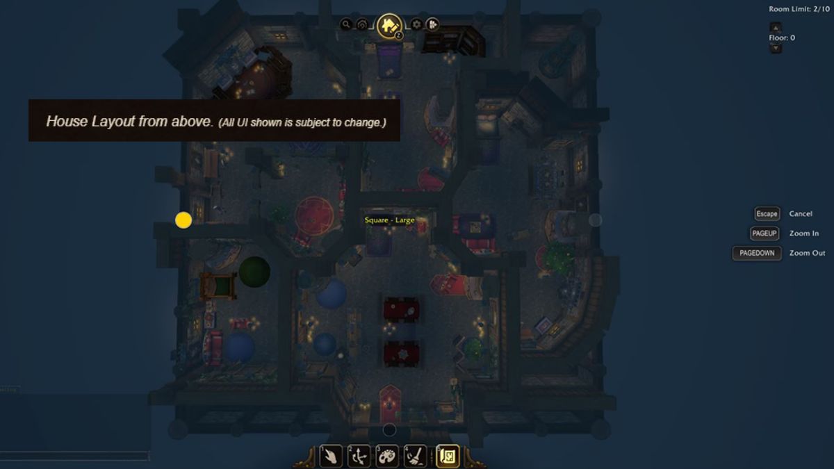 World of Warcraft Midnight player housing preview from the top with UI change disclaimer.
