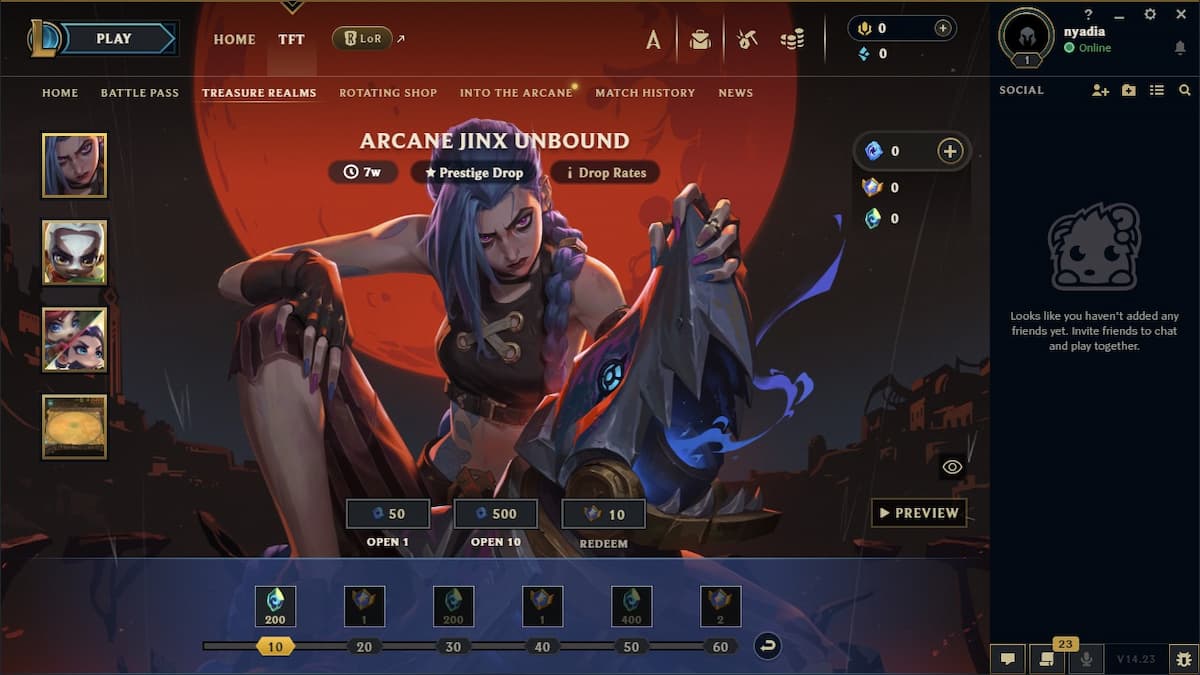 Arcane Jinx sitter while holding the shark weapon and the TFT UI around her.