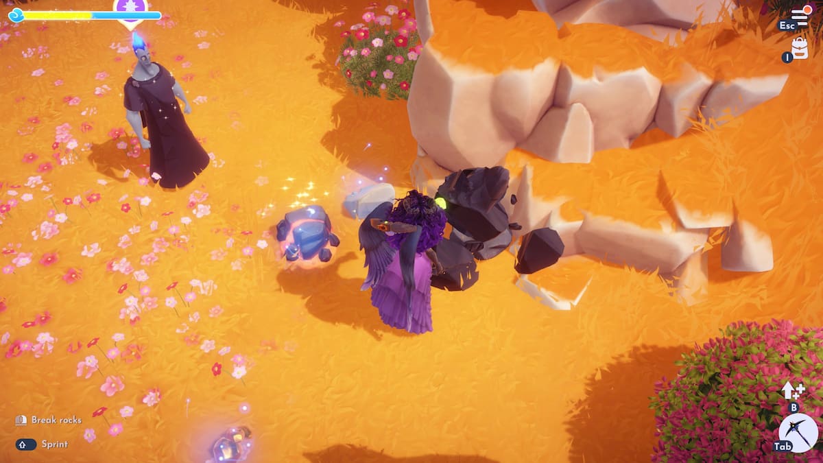 The player mining a grey rock node with a Magma dropped on the ground next to them in Disney Dreamlight Valley.