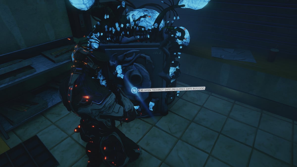 A Warframe is in front of a Techrot Safe, which looks like a contemporary safe covered by the Infestation.