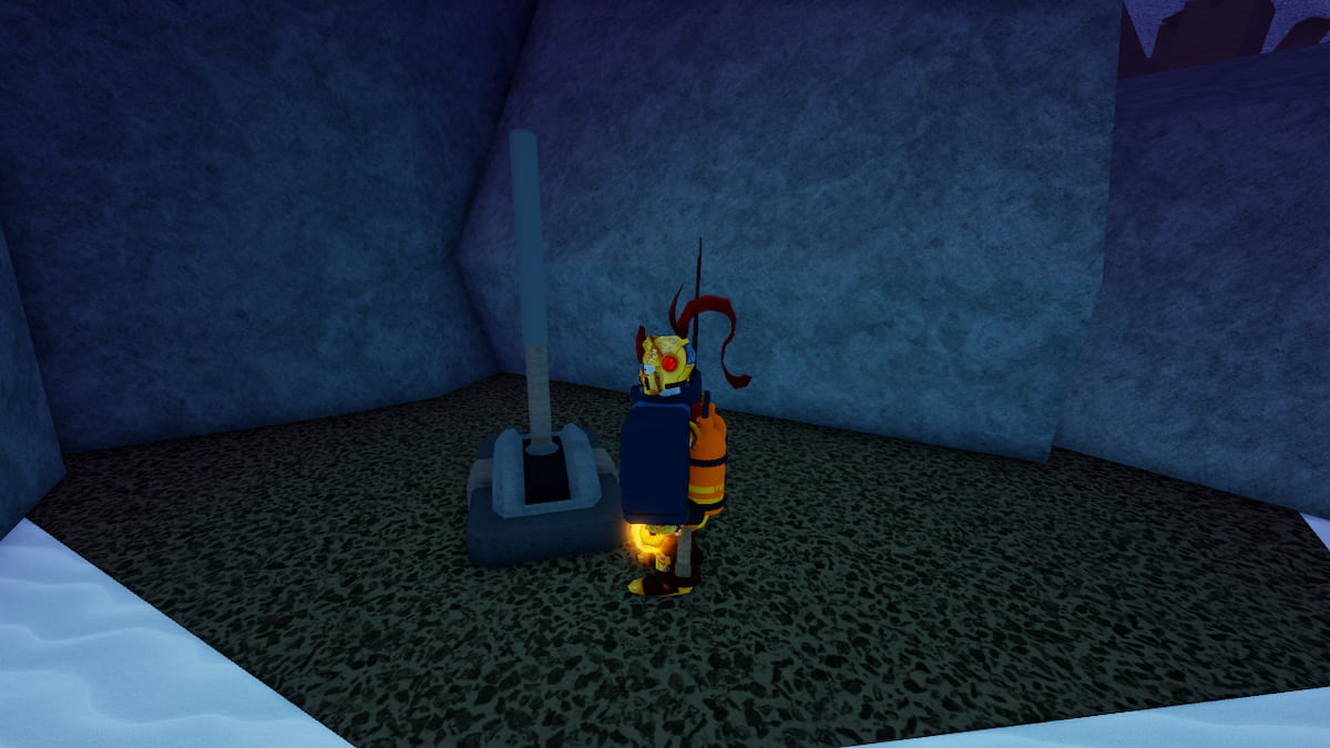 Picture showing a player about to use a lever to solve the puzzle in Fisch.