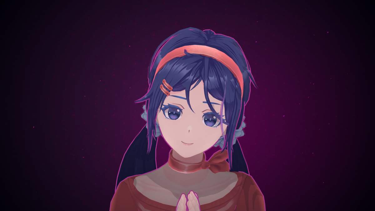 A shot of Mita in the MiSide main menu, looking at the camera with her hands together in a pray position