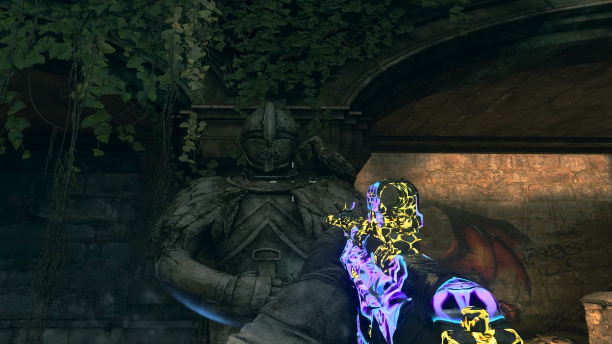 A knight on Cittadelle des Morts in Black Ops 6 with a raven on its shoulder.