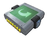 The Curve Module, a dark grey square with a green square on top of it and an arrow pointing to the right