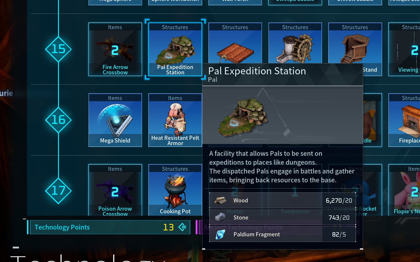 A screenshot from the Palworld Technology Screen showing the Pal Expedition Station and what level readers need to be to unlock it, as well as the required ingredients to craft it.