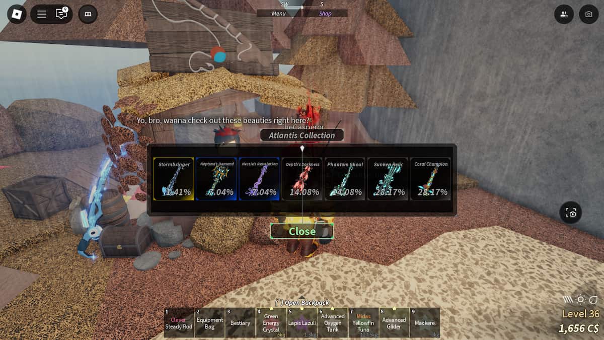 Picture showing the Atlantis skin crate rod skins in Fisch.