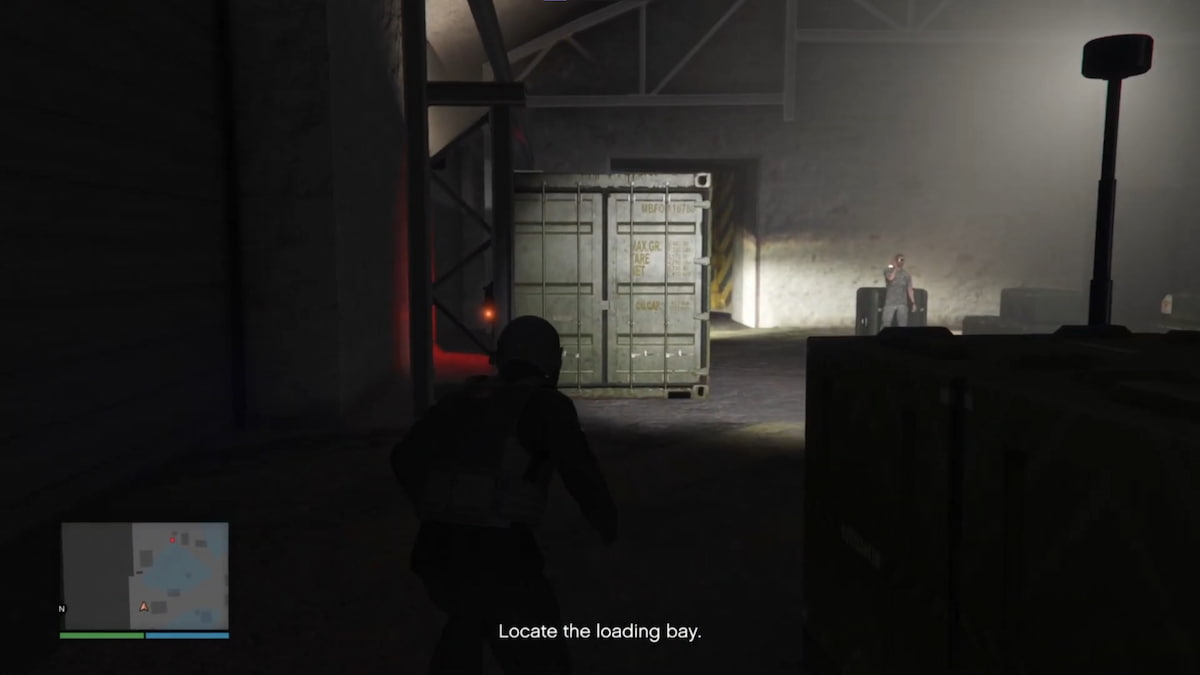 An image of the player character sneaking around a hangar in GTA Online.