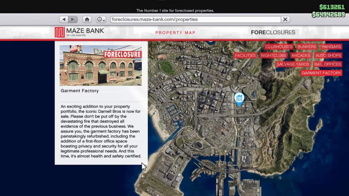 An image from GTA Online of the Garment Factory on the right side of Los Santos. You can purchase this factory to launch special operations to earn money.