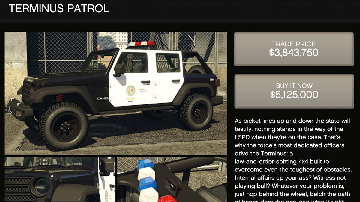 GTA V web page for buying a police jeep
