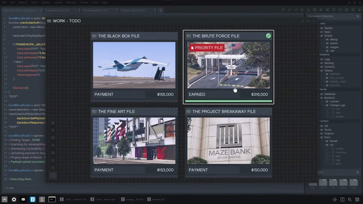 An image of the Brute Force File starting page, which showcases the four missions you can complete and their payouts.