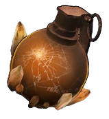 A spherical grenade with shiny tan effects and bits of rock at the bottom.