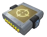 The Homing Module, a grey square with a yellow square on top of it and a reticle