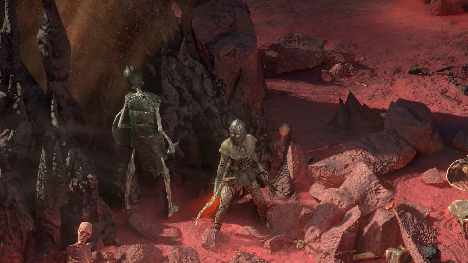 Player character with a skeleton minion in a red desert finding the Clasped Entry in Path of Exile 2.