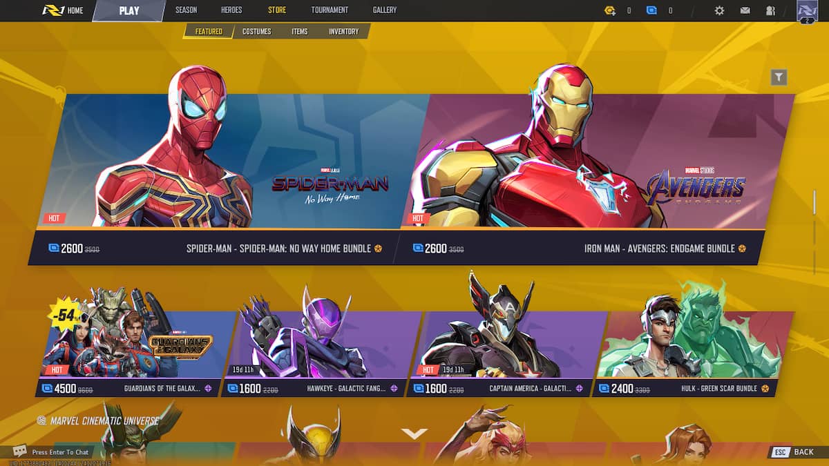 Picture showing varrious MCU-inspired cosmetics to purchase in Marvel Rivals.