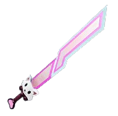 A pink sword with a white cat head at the hilt. This shows readers the Meowmere sword from Palworld