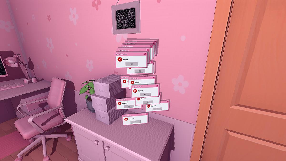 Looking at many "Restart" error pop-up windows in Mita's bedroom