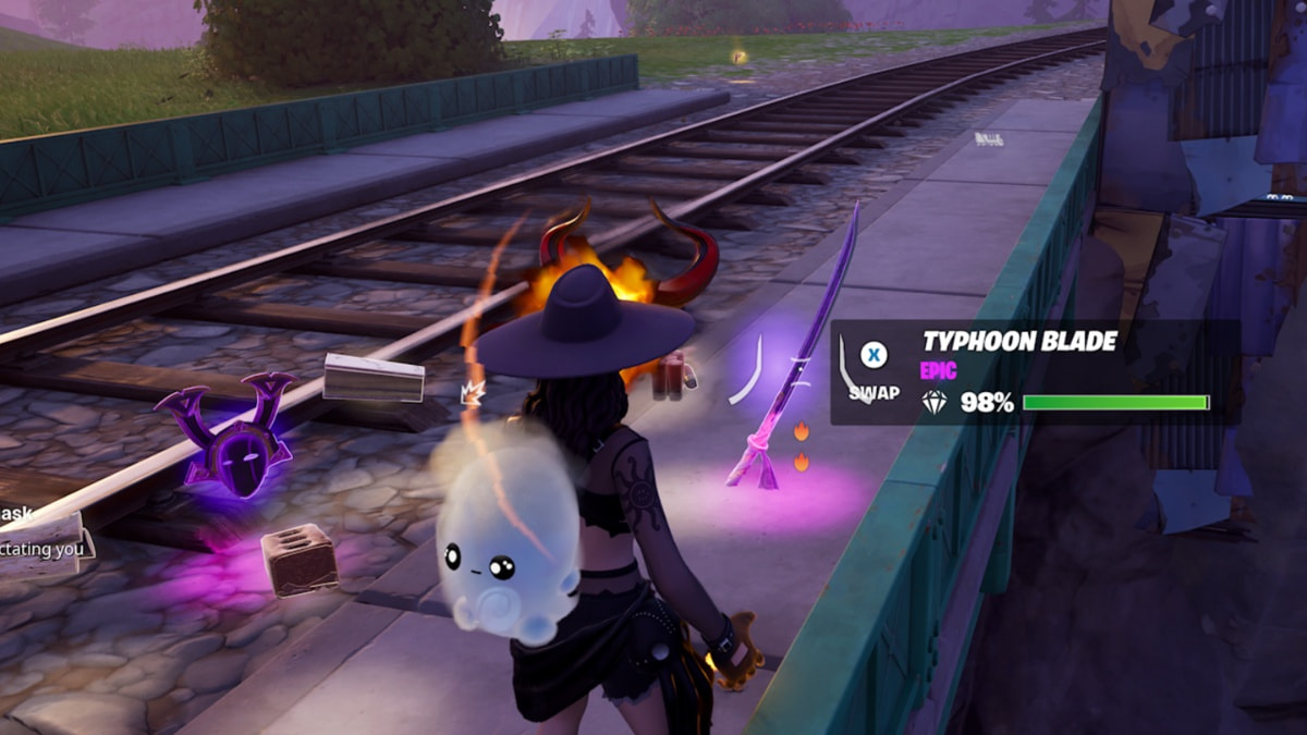 character finds a Typhoon Blade in fortnite near some railway tracks