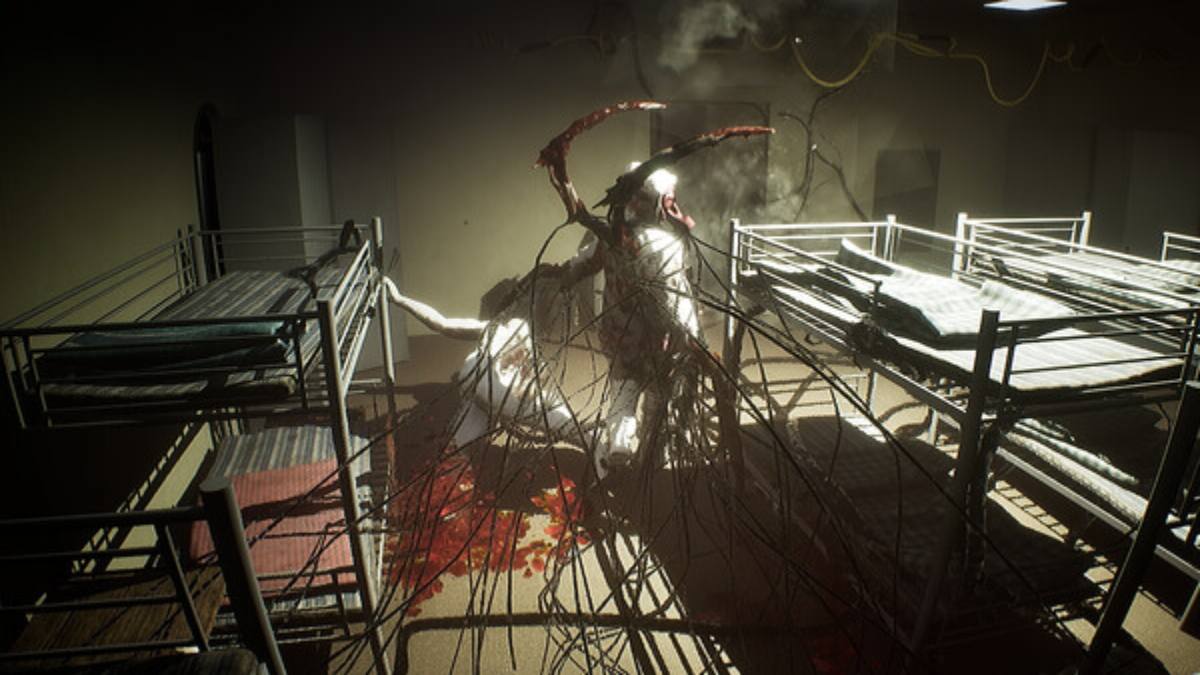 A character in the middle of their transformation into a monster, standing on top of a corpse inside one of Nuclear Nightmare's facilities