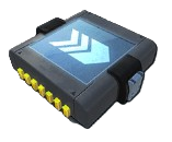 The Sniper Module II, a dark grey square with a blue square on top of it and arrows pointing to the right