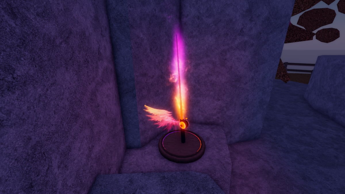 Picture showing the Phoenix Rod in Fisch, featuring a glowing violet and orange color scheme