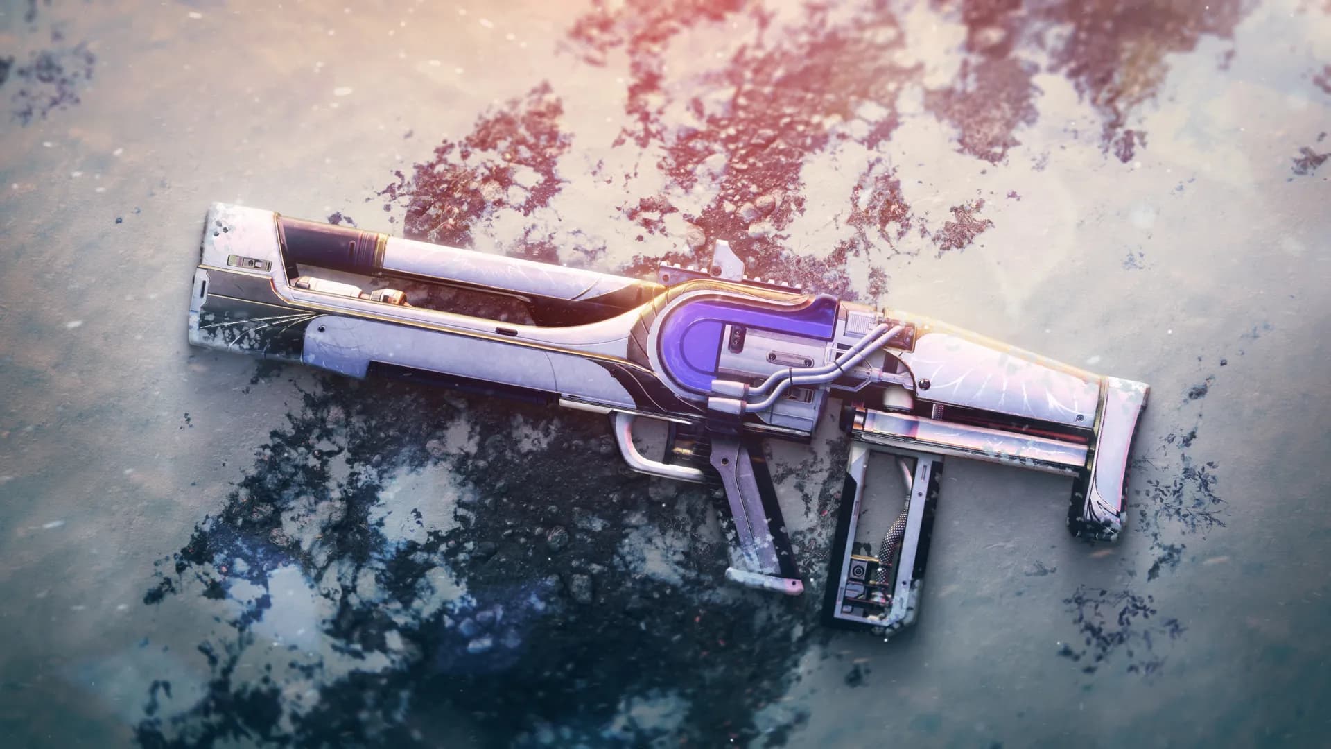 A white and purple rifle lays in the snow.
