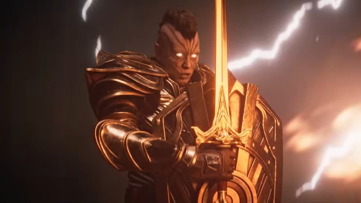 Mora standing at the center with glowing eyes and holding her sword in an upright position, in front of her face