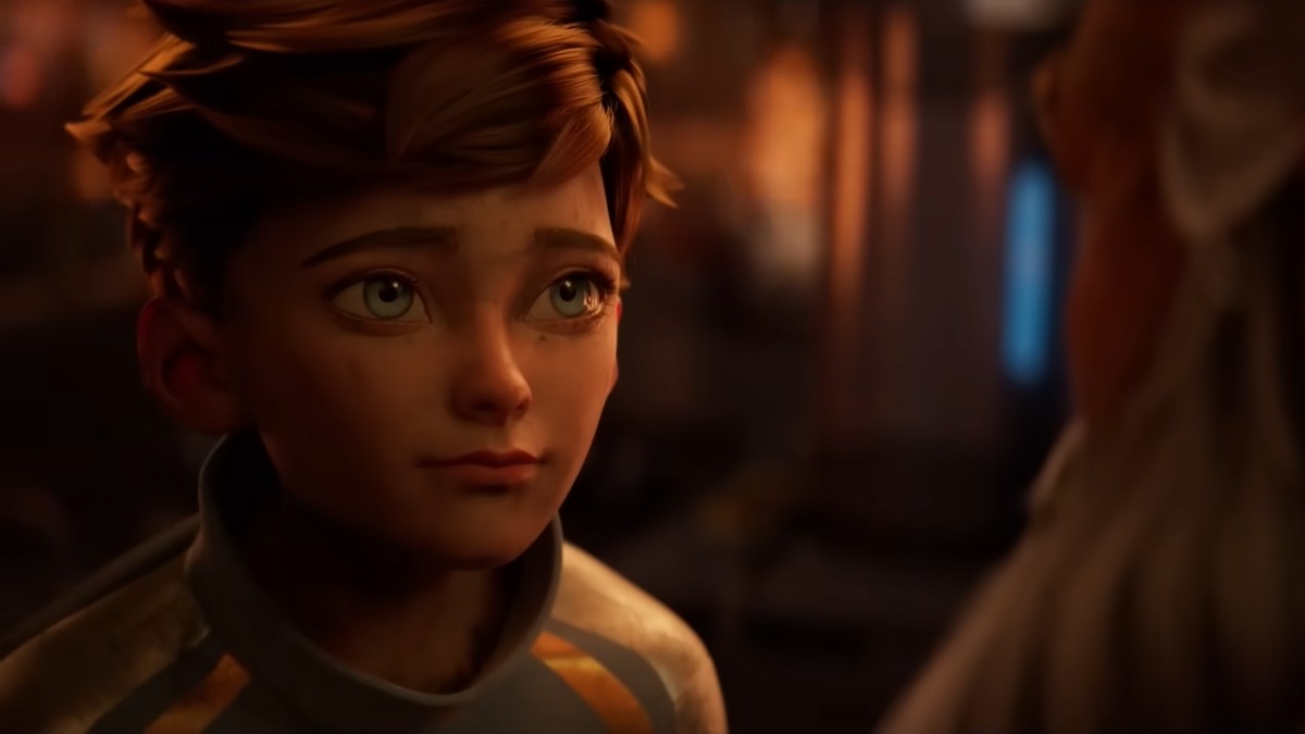 A close up shot of Rockman in Mega Man, looking at Professor Light (off-screen)