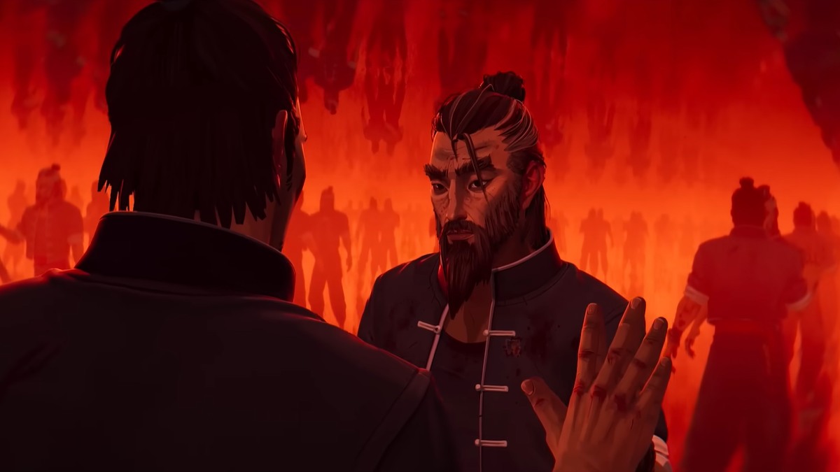 Sifu protagonist looking at the older version of himself with infinite versions in the background