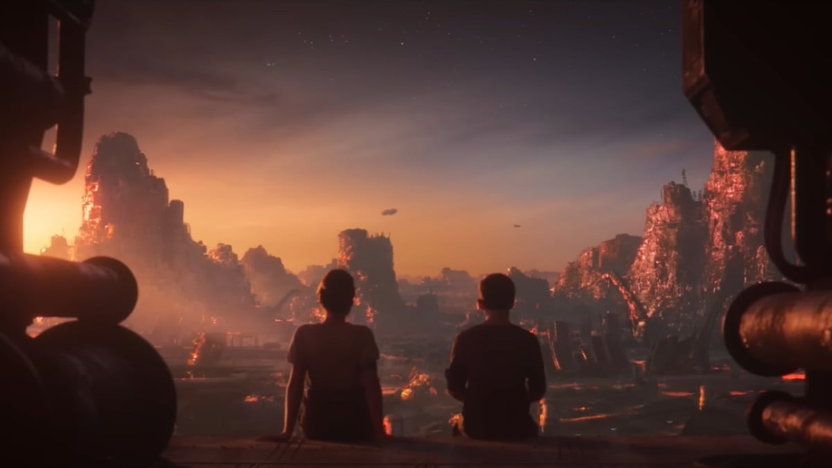 A wide shot of Amos and Felicity sitting on an edge, looking out at the post-apocalyptic land