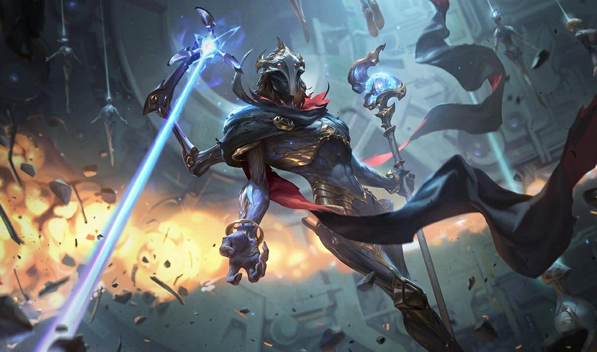 viktor league of legends splash art cyborg with laser and staff