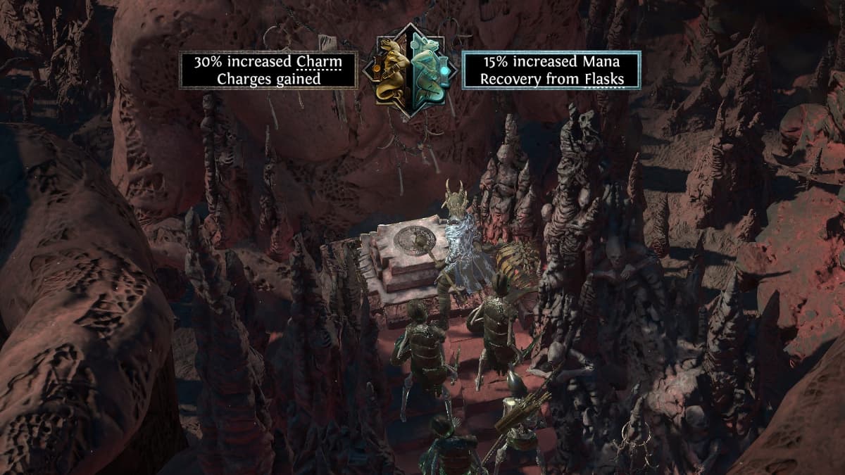An altar nestled among stalagmites and a necromancer with an army of skeletal warriors standing in front of it in Path of Exile 2.
