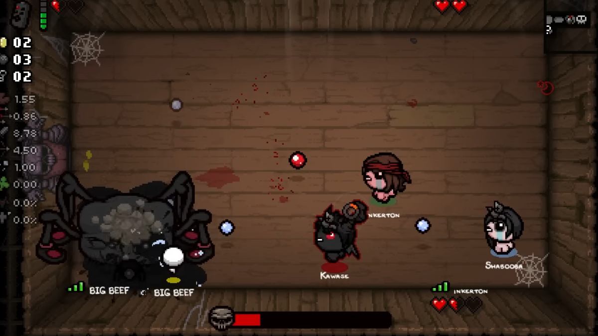 Binding of Isaac co-op gameplay with 3 players against a boss