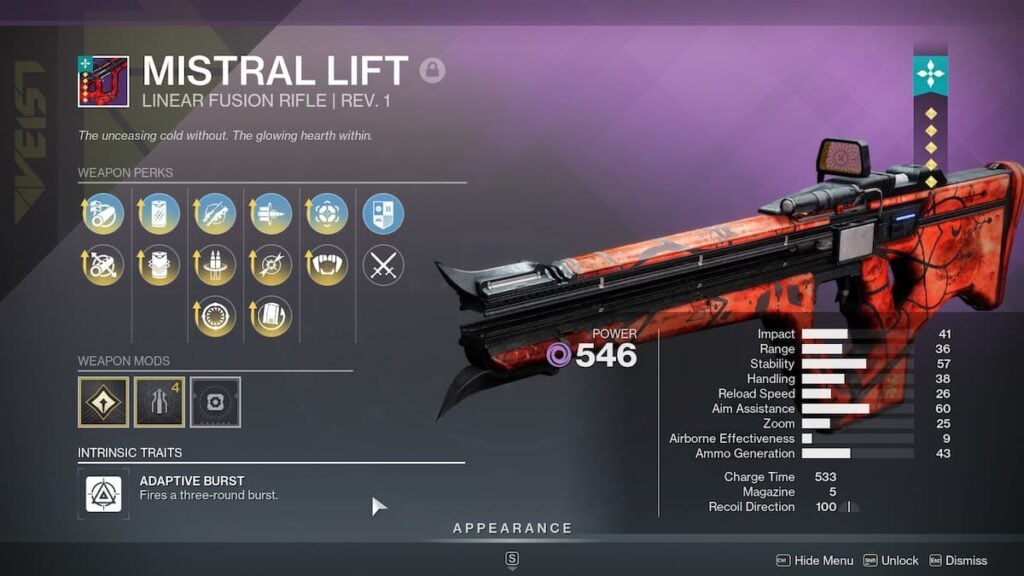 Mistral Lift linear fusion rifle roll in Destiny 2