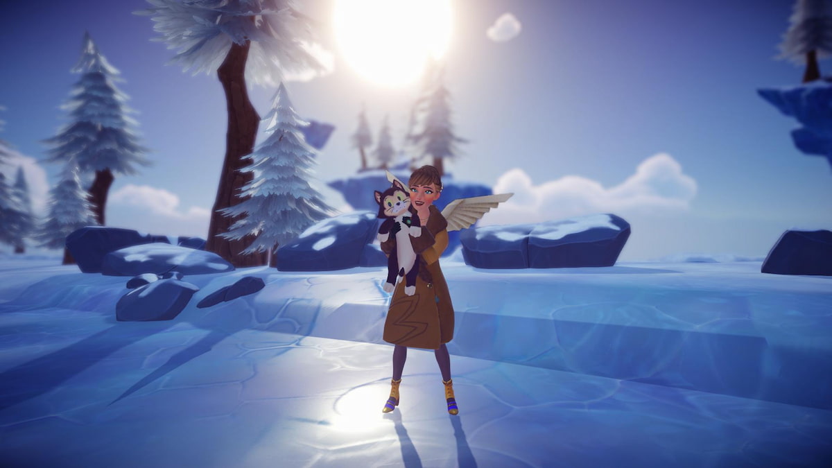 A player holding a cat smiling while standing on a Frosted Floating Island in Disney Dreamlight Valley.