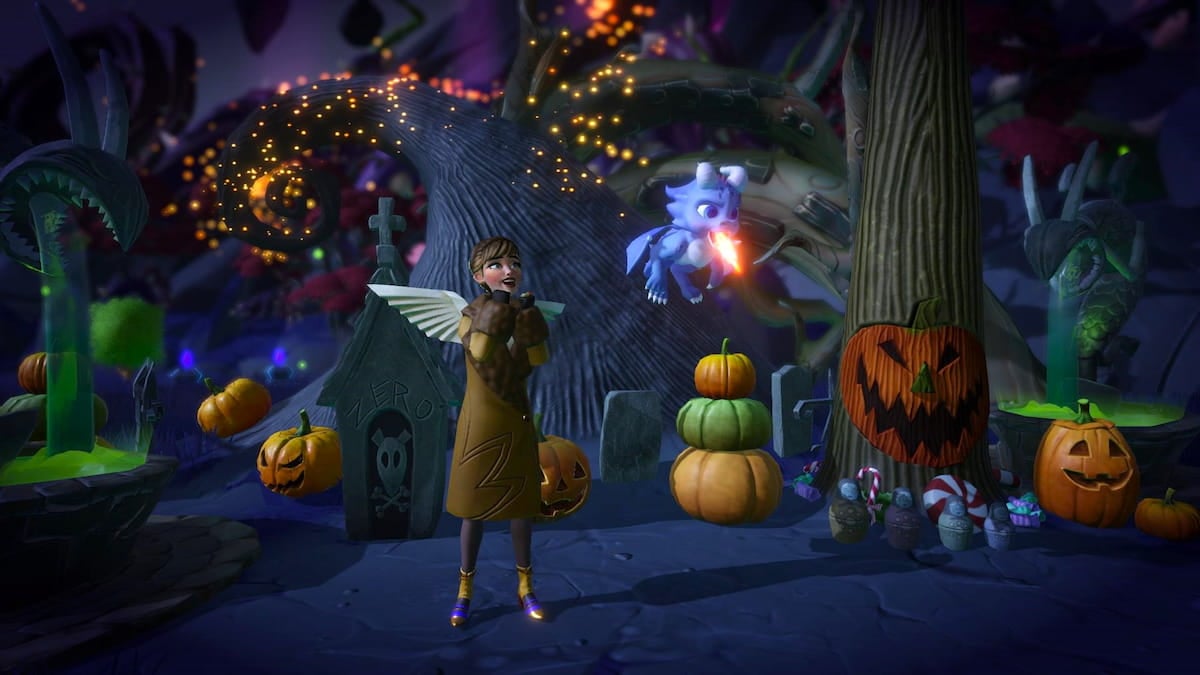 A player wearing a long brown coat looking up at a baby dragon breathing fire and standing next to a holiday tree portal in Disney Dreamlight Valley.