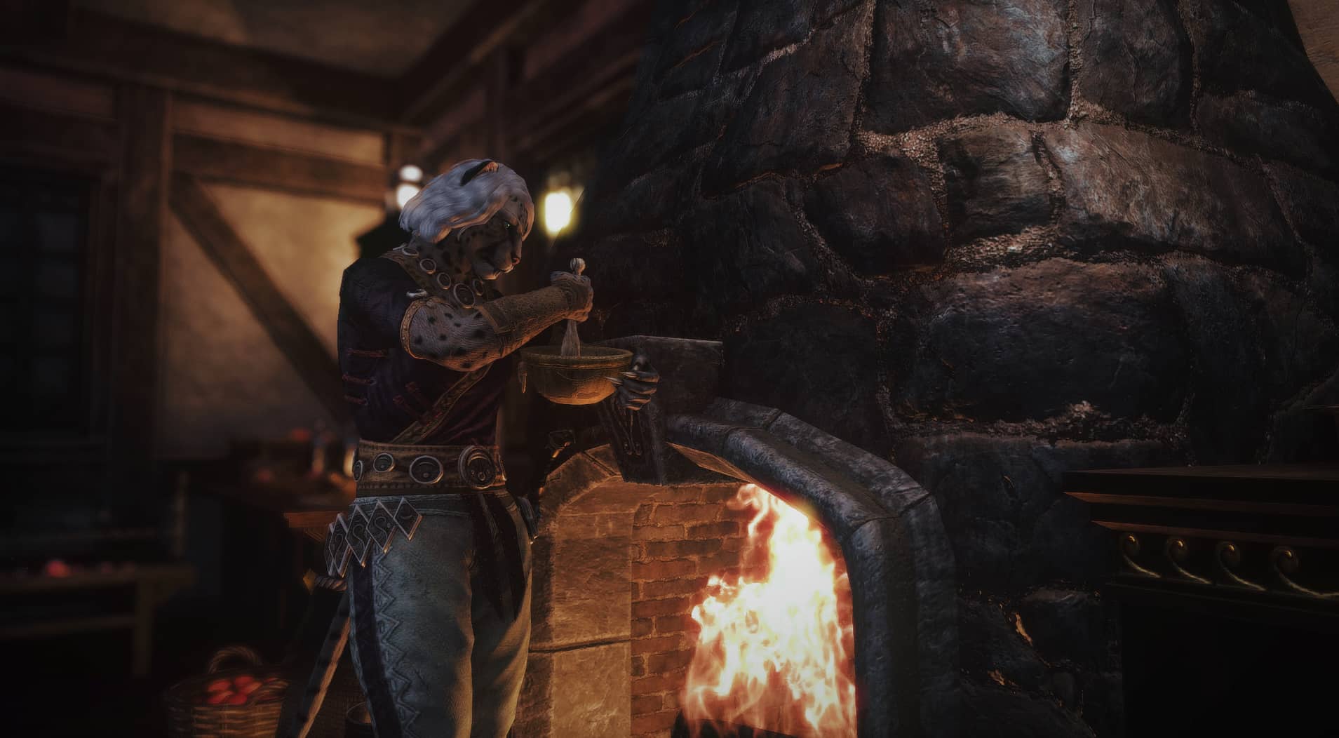 A character in ESO crafts food at a fireplace.