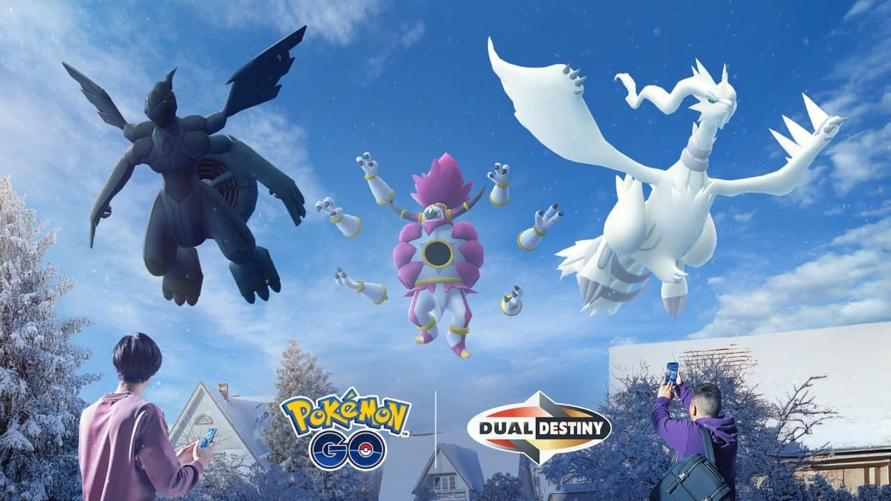 pokemon go dual destiny key art with Zekrom, Reshiram, and Hoopa in the sky.