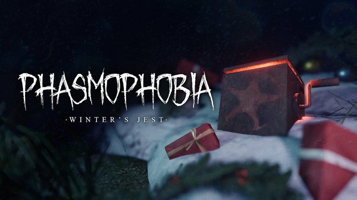 The key art for the Winter's Jest event featuring some red presents and a red jack-in-the-box in the white snow in Phasmophobia.