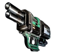 a green and black plasma weapon from Palworld. It has two barrels
