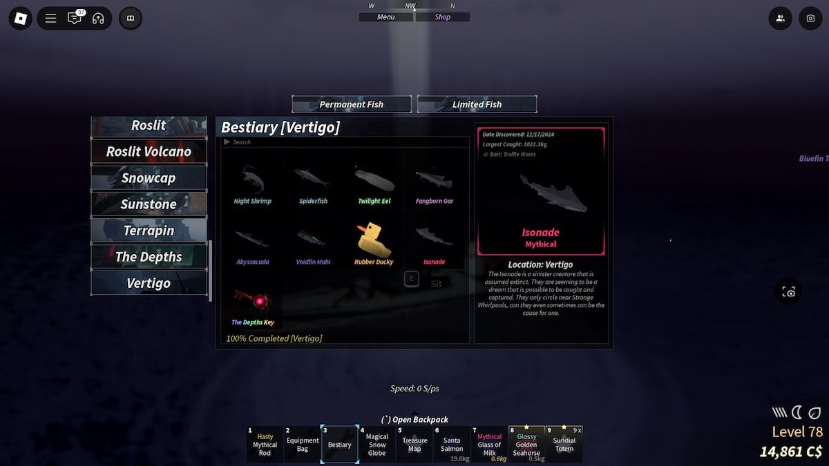 The Bestiary entry for the Isonade in Roblox Fisch.