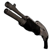 A two-barreled shotgun that is dark grey in color