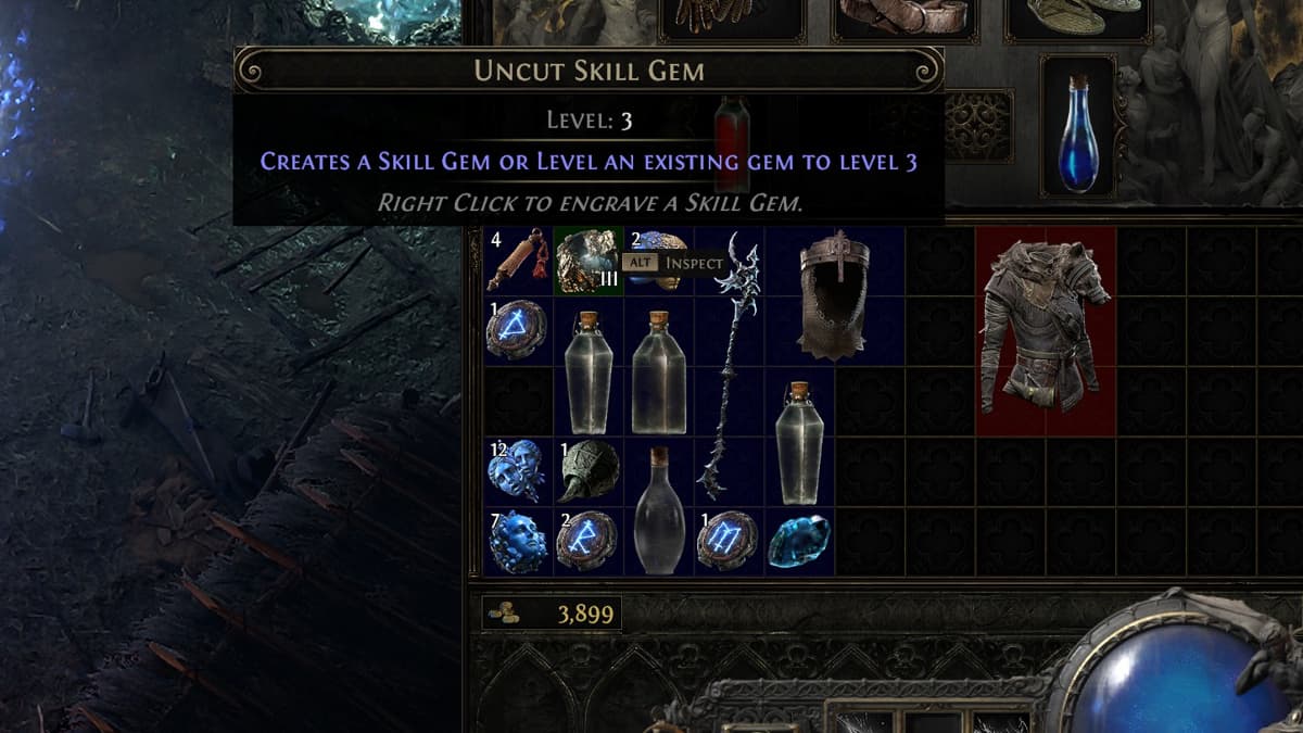 A textbox describing an item called the 'uncut skill gem' that says it 'creates a skill gem' in its description.