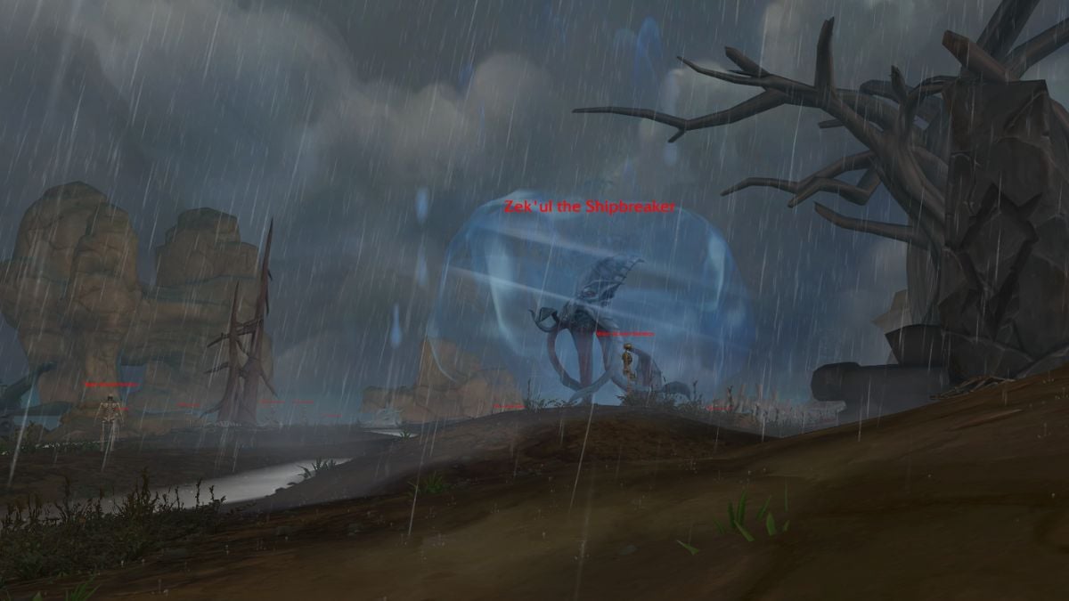 Zek'ul boss in World of Warcraft surrounded by water in a storm next to a giant tree.