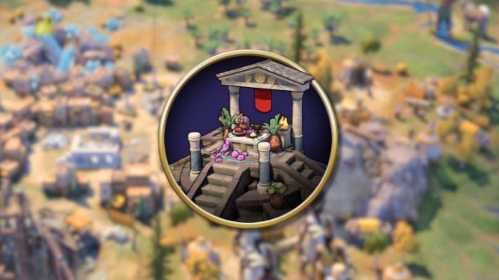 Civilization VII altar icon with blurred background behind it.