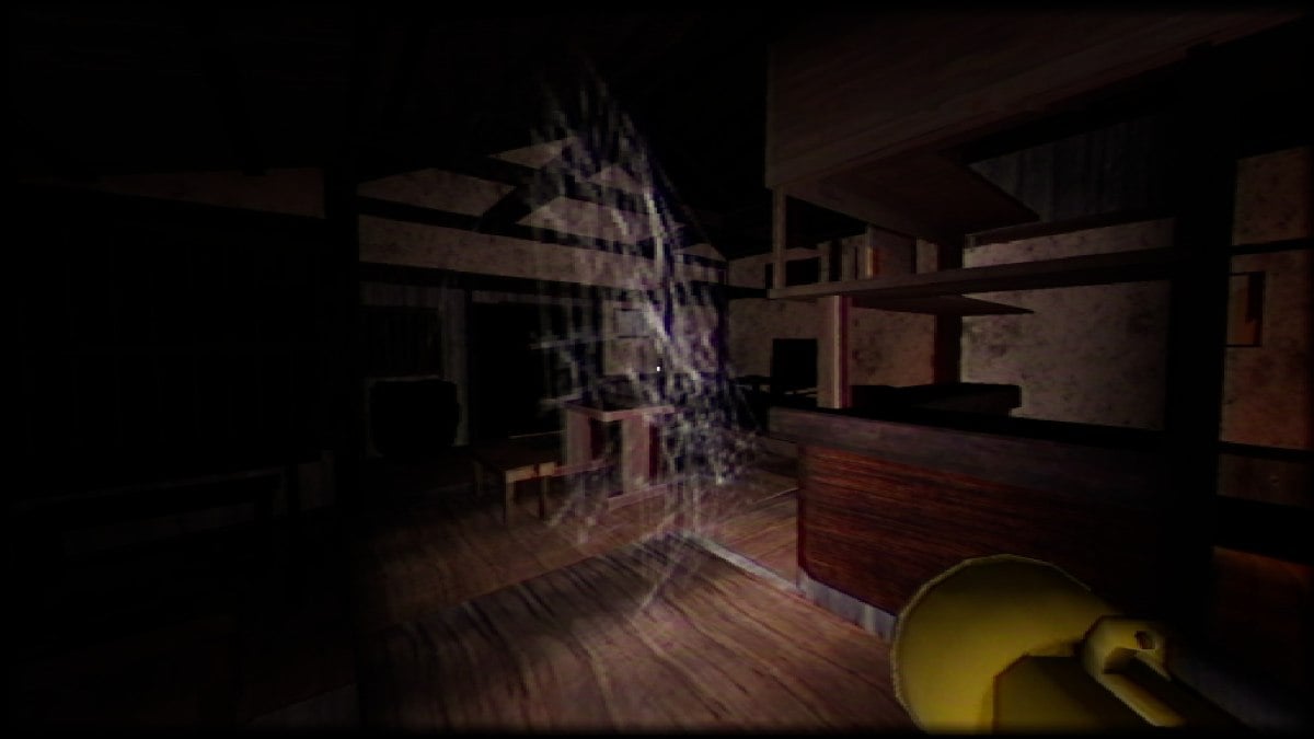 A shot of the house interior with cobwebs hanging from the ceiling in front of the character holding their flashlight, pointing it into the open space in front of them