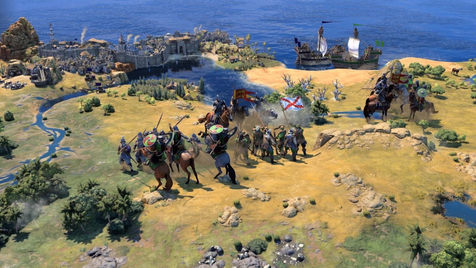 Civilization 7 army going into battle on a coastal tile with flags waving.